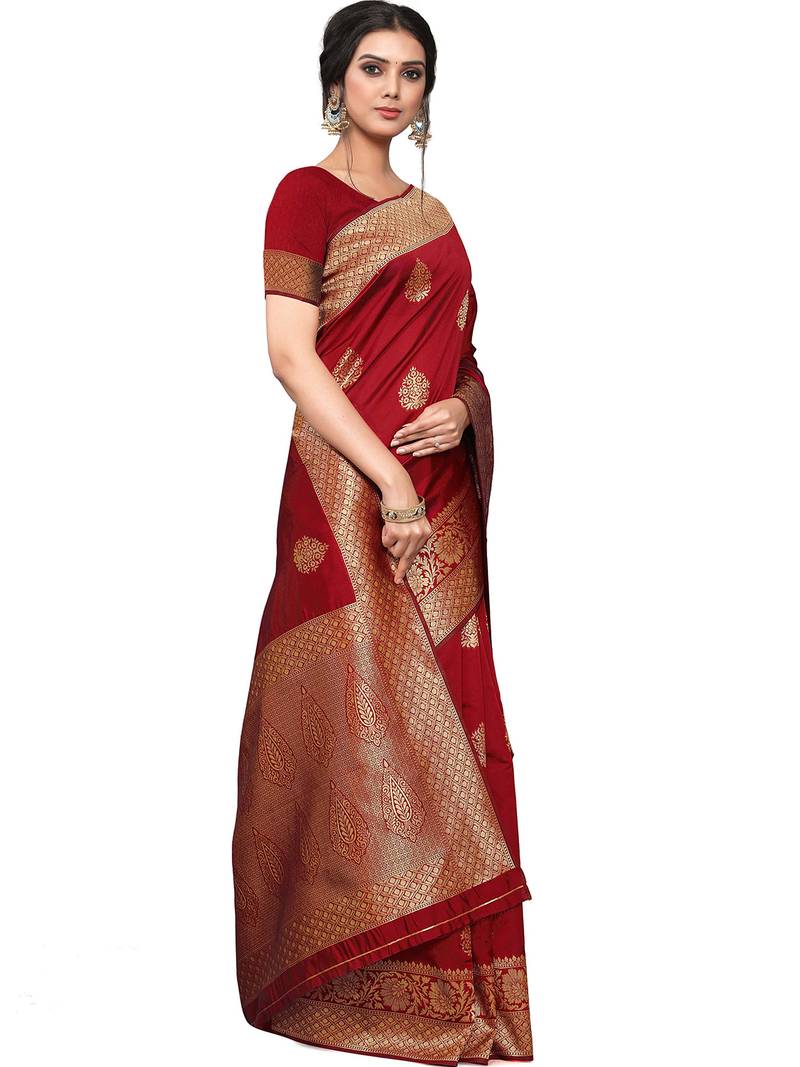 Maroon silk blend jacquard woven golden zari ethnic motifs rich pallu banarasi style saree