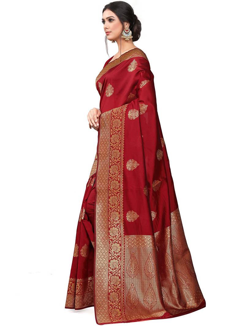 Maroon silk blend jacquard woven golden zari ethnic motifs rich pallu banarasi style saree