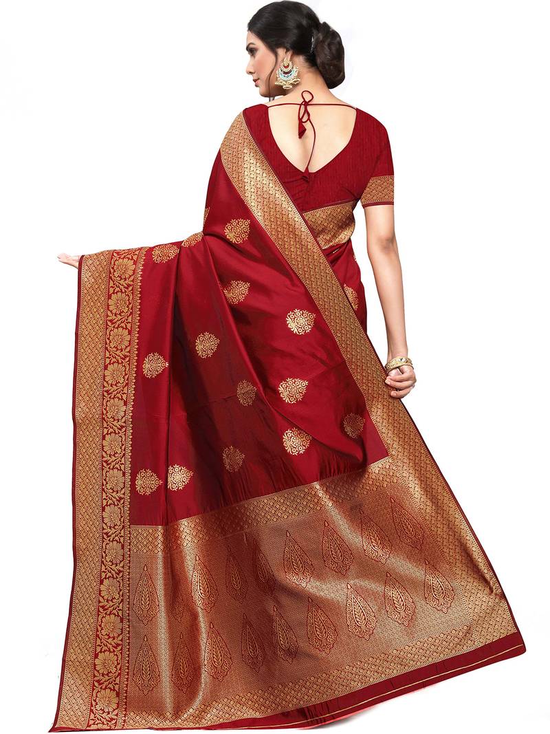 Maroon silk blend jacquard woven golden zari ethnic motifs rich pallu banarasi style saree