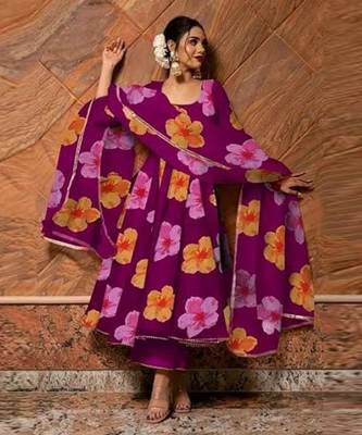 Anarkali Gown Floral Printed  White Georgette Fabric With Pant and Dupatta Set 1