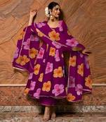 Anarkali Gown Floral Printed  White Georgette Fabric With Pant and Dupatta Set