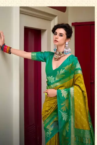 Mustard Banarasi Woven Soft art Silk Saree With Blouse Set