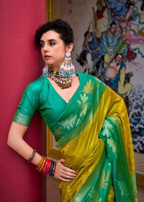 Mustard Banarasi Woven Soft art Silk Saree With Blouse Set 4