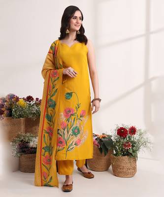 mustard floral,lace work straight kurta and trouser with dupatta set 1