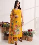 Yufta mustard floral,lace work straight kurta and trouser with dupatta set