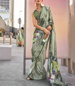 Light olive printed work satin party wear saree