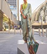 Grey printed work satin party wear saree