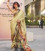 Beige printed work satin party wear saree