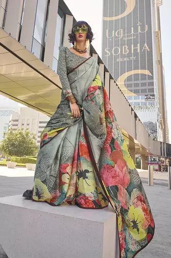 Grey printed work satin party wear saree