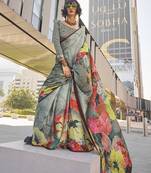 Grey printed work satin party wear saree
