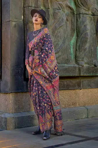 Organza kashmiri silk blend weaving saree in navy blue
