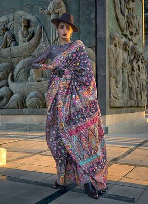 kashmiri Pashmina Organza weaving saree in navy blue 2