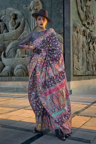 kashmiri Pashmina Organza weaving saree in navy blue