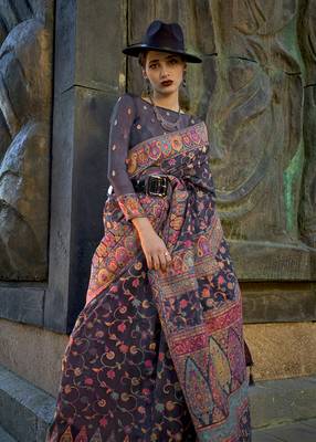 kashmiri Pashmina Organza weaving saree in navy blue 3