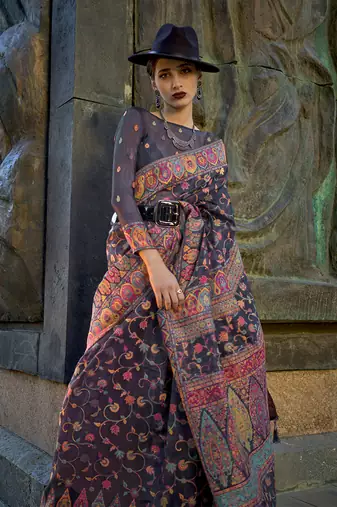 kashmiri Pashmina Organza weaving saree in navy blue