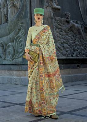 kashmiri Pashmina Organza weaving saree in light green 1
