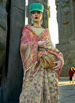 kashmiri Pashmina Organza weaving saree in light green 2