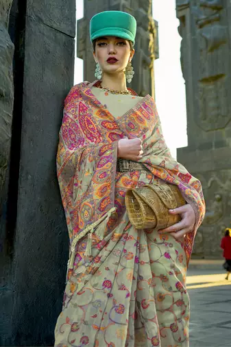 kashmiri Pashmina Organza weaving saree in light green