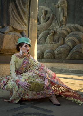 kashmiri Pashmina Organza weaving saree in light green 3