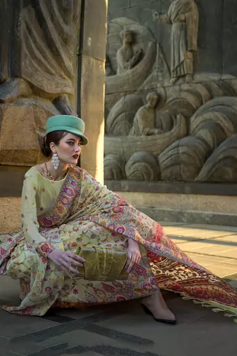 kashmiri Pashmina Organza weaving saree in light green