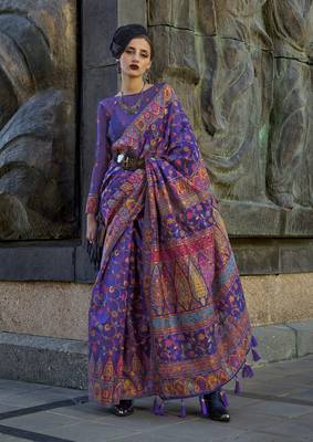 kashmiri Pashmina Organza weaving saree in violet 1
