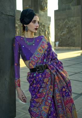 kashmiri Pashmina Organza weaving saree in violet 2