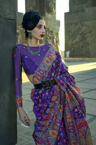 kashmiri Pashmina Organza weaving saree in violet