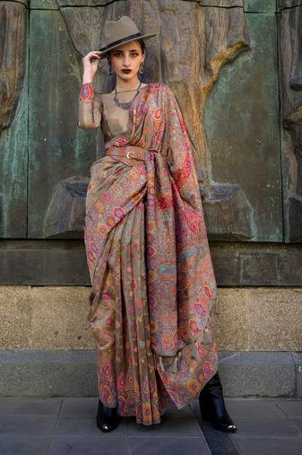 Organza kashmiri silk blend weaving saree in chikoo