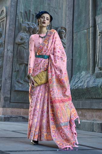 Organza kashmiri silk blend weaving saree in baby pink