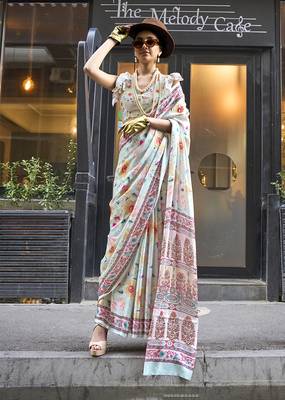 Georgette satin digital print off white saree 1