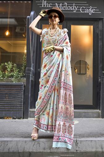 Georgette satin digital print off white saree