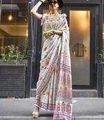 Georgette satin digital print off white saree