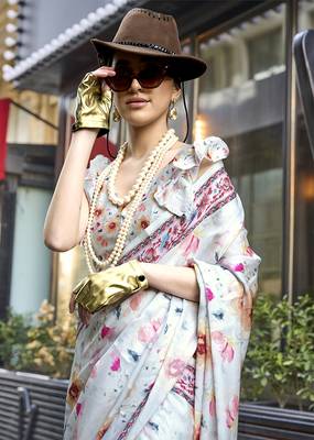 Georgette satin digital print off white saree 2