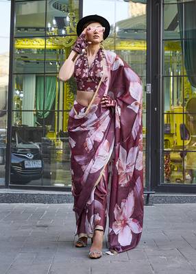 Georgette satin digital print wine saree 1