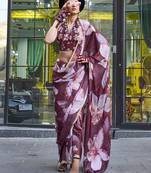 Georgette satin digital print wine saree