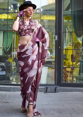 Georgette satin digital print wine saree 2
