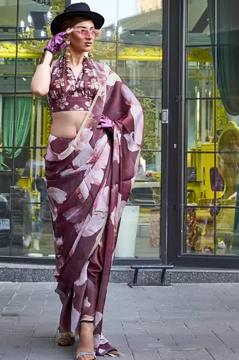 Georgette satin digital print wine saree