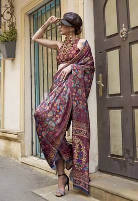 Georgette satin digital print wine colour saree 1