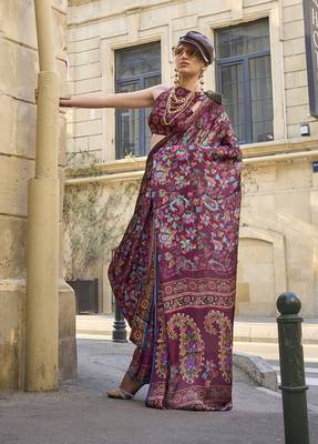 Georgette satin digital print wine colour saree 2
