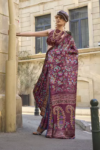 Georgette satin digital print wine colour saree
