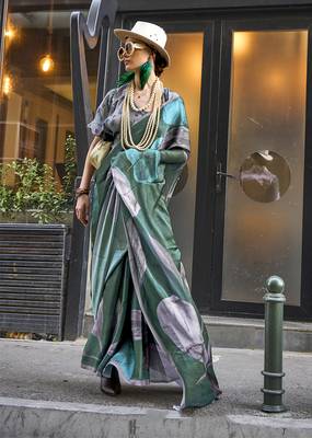 Georgette satin digital print dark green colour saree 1