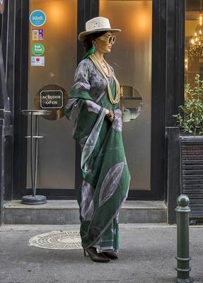 Georgette satin digital print dark green colour saree 2