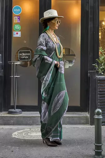 Georgette satin digital print dark green colour saree