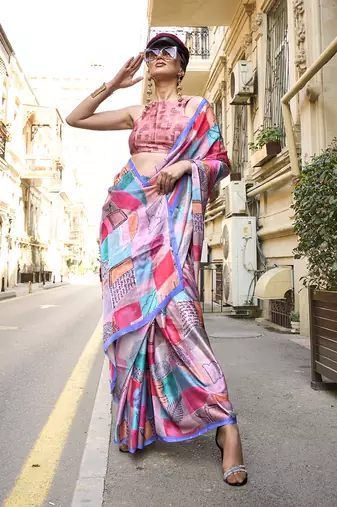 Georgette satin digital print multi colour saree