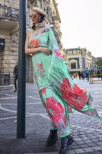 Sea green festival digital printed crepe silk blend saree