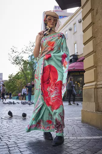 Sea green digital printed crepe silk blend saree