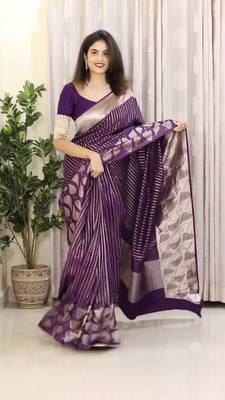 Purple art Banarasi Soft Silk Women Saree With Blouse Set 1