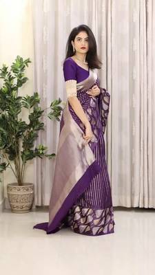 Purple art Banarasi Soft Silk Women Saree With Blouse Set 2