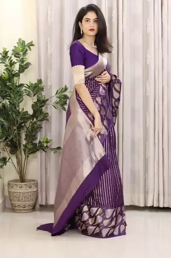 Purple art Banarasi Soft Silk Women Saree With Blouse Set