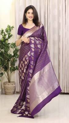 Purple art Banarasi Soft Silk Women Saree With Blouse Set 3